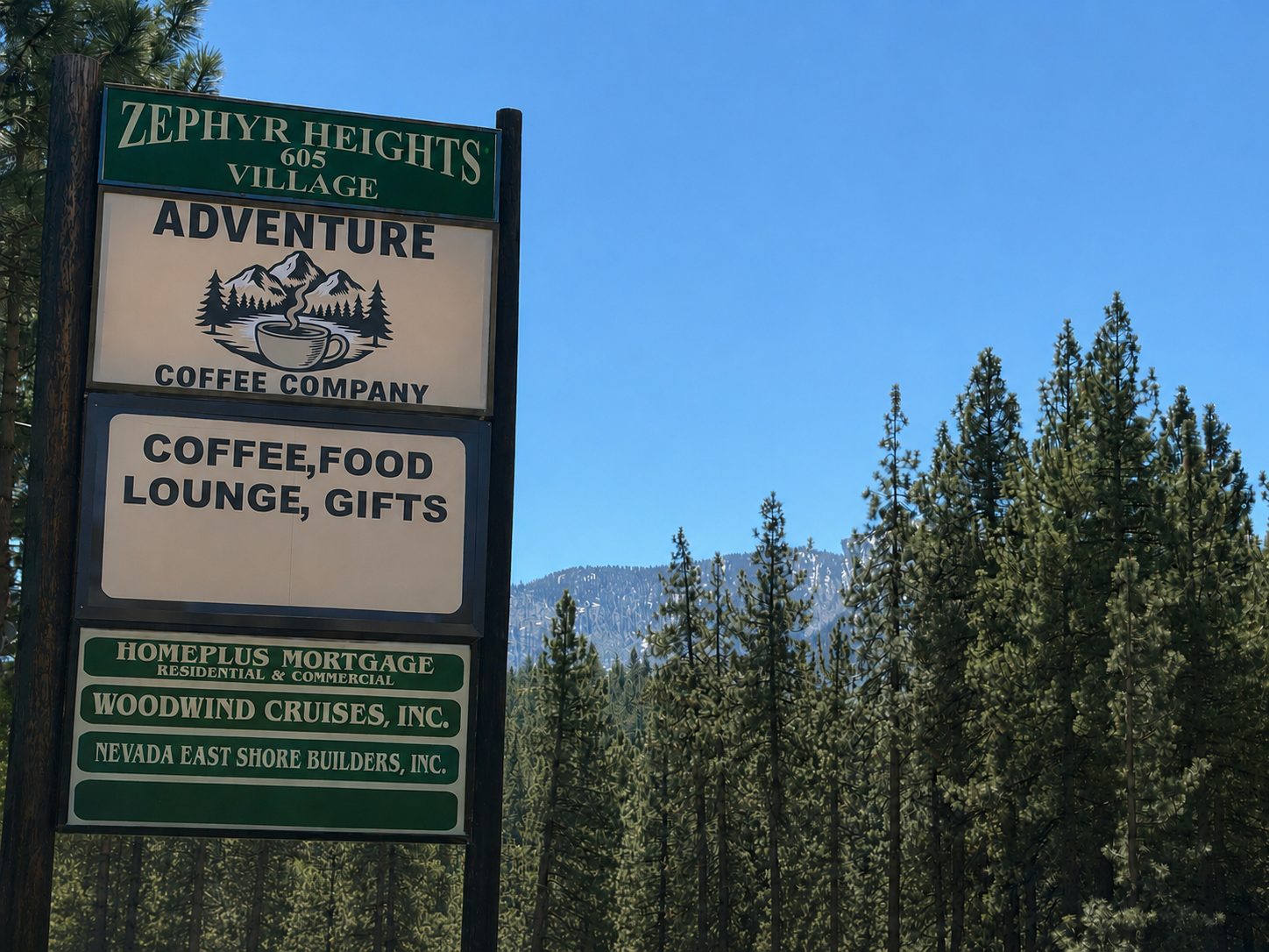 Adventure Coffee Company sign at 605 Zephyr Heights Village on Highway 50